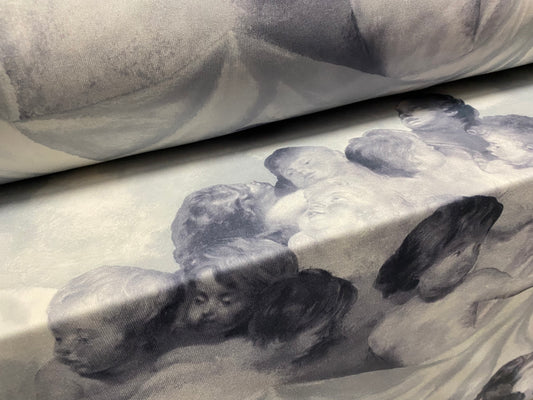 Single jersey mousse fabric, per metre - cherub angels print - grey