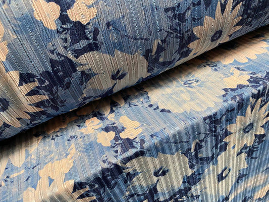 Spandex stretch rib jersey fabric, per metre - gerbera flower print - nude & blue
