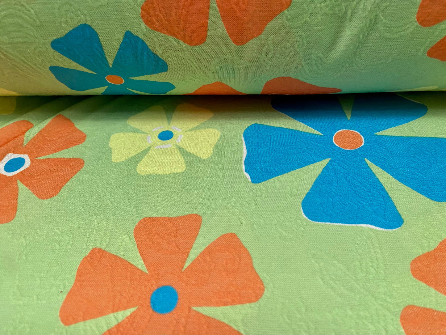 Stretch spandex leaf jacquard jersey fabric, per metre - Flower power print - green