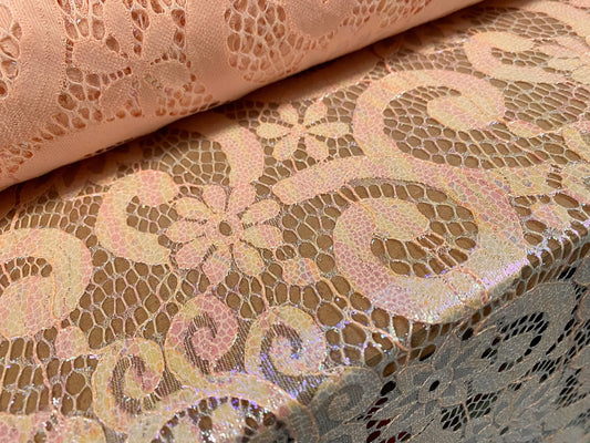 Pearlescent shimmer 2 tone lace dress fabric, per metre - floral swirl design - salmon