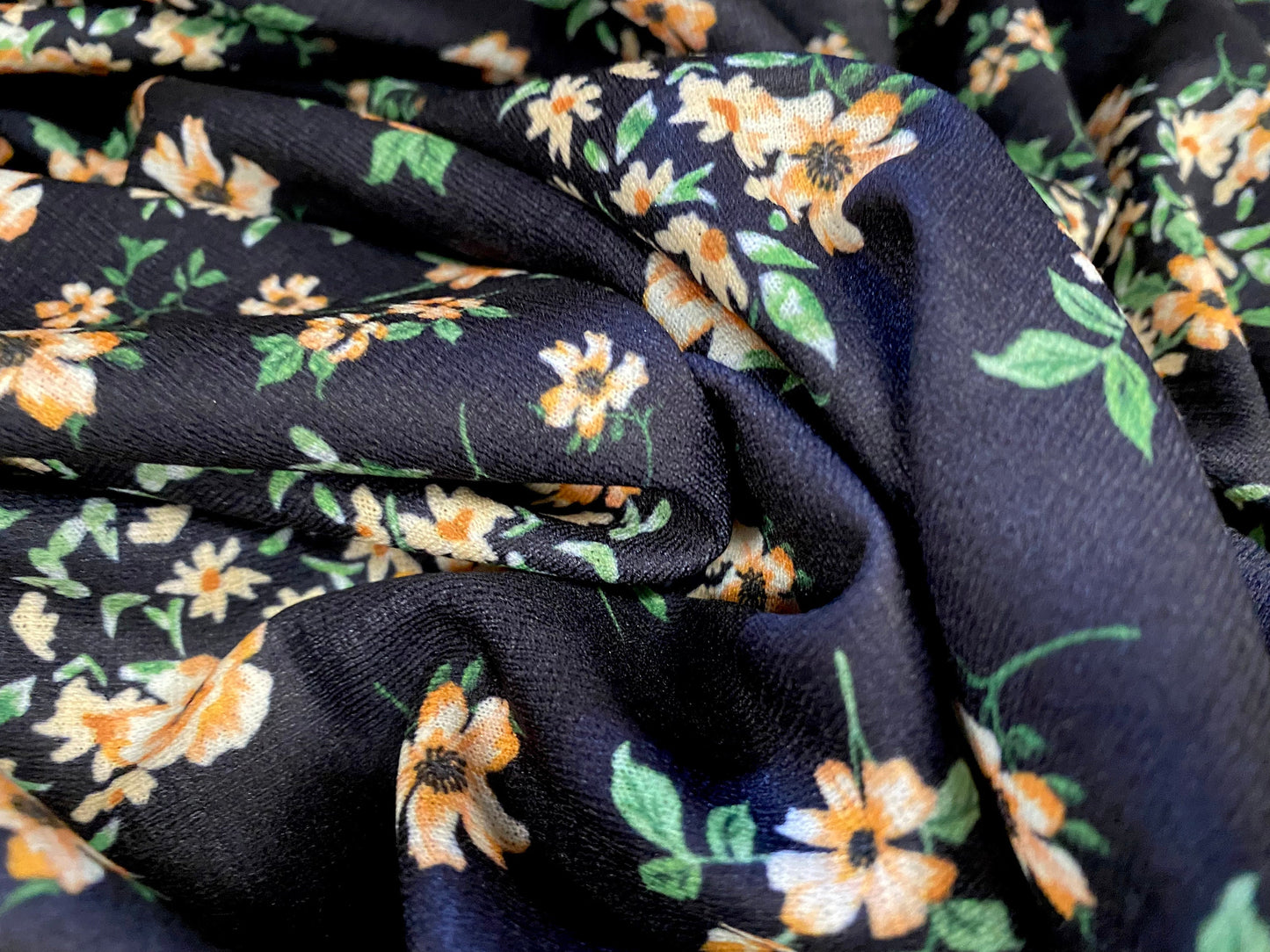 Stretch spandex textured single jersey fabric, per metre - ditsy floral print - black & peach