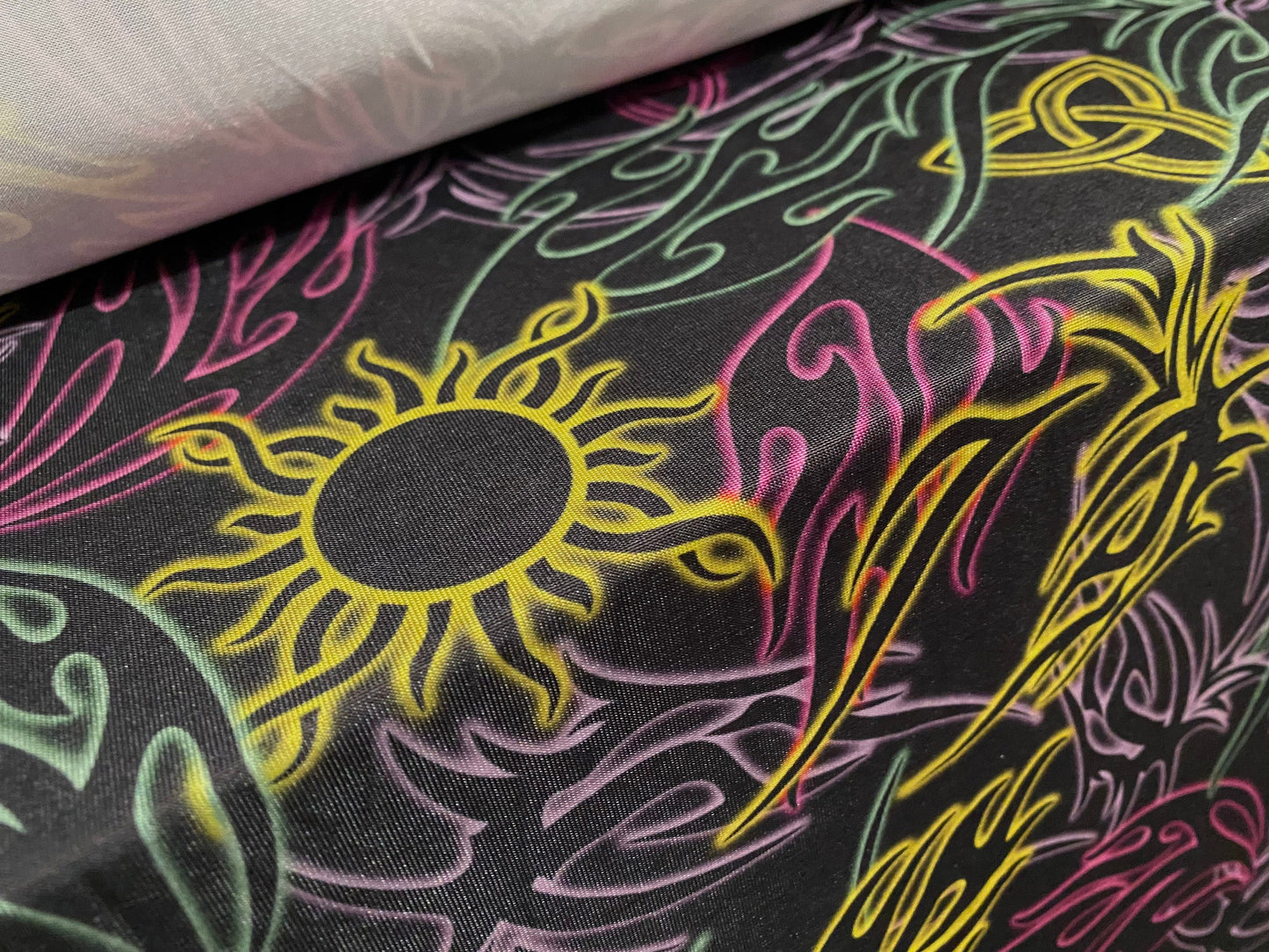 Stretch spandex single Jersey fabric, per metre - Sun tribal tattoo print