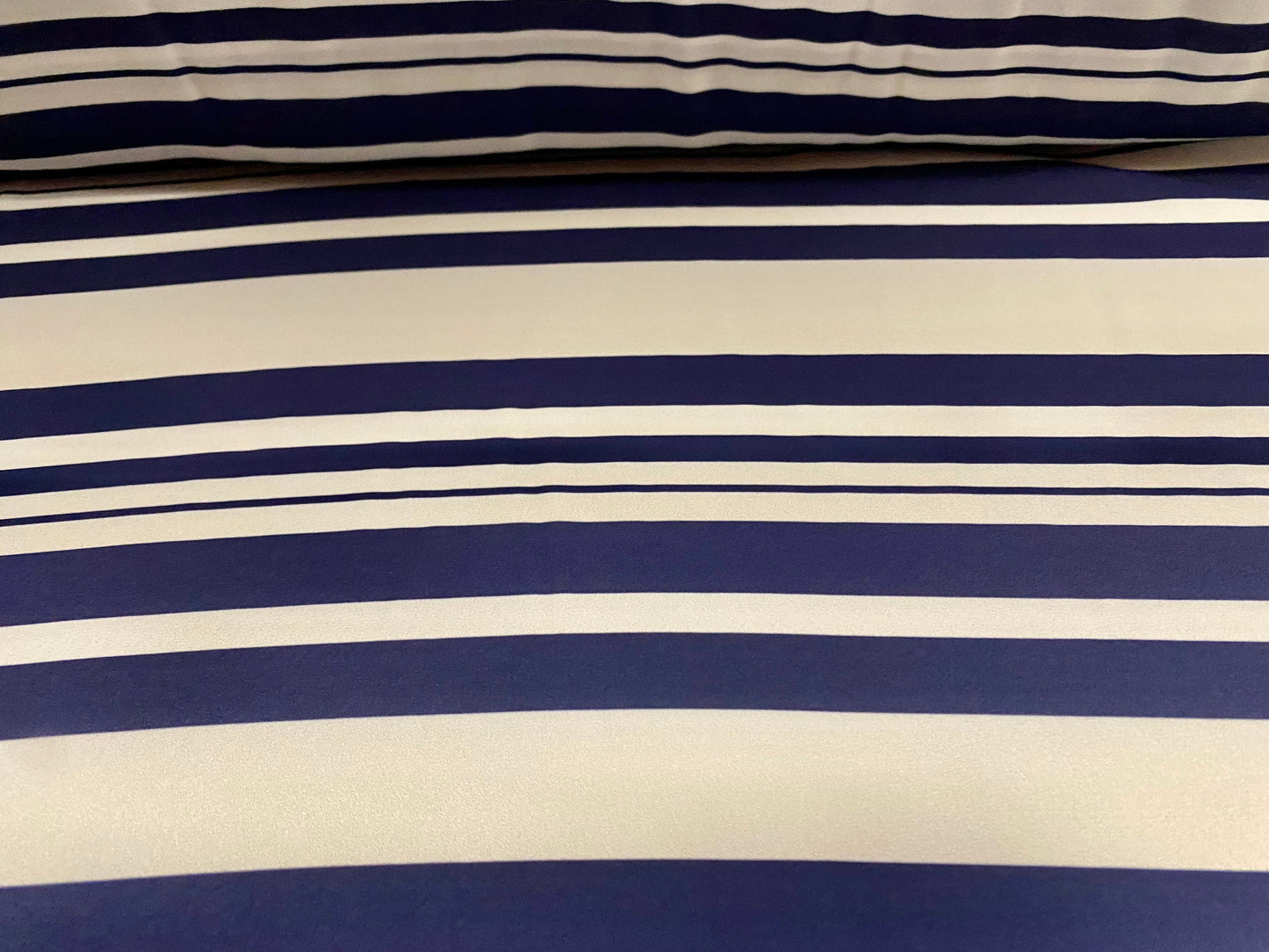 Georgette woven dress fabric, per metre - navy blue & cream printed stripe