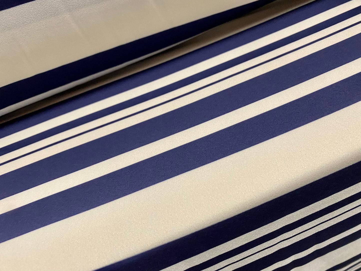 Georgette woven dress fabric, per metre - navy blue & cream printed stripe