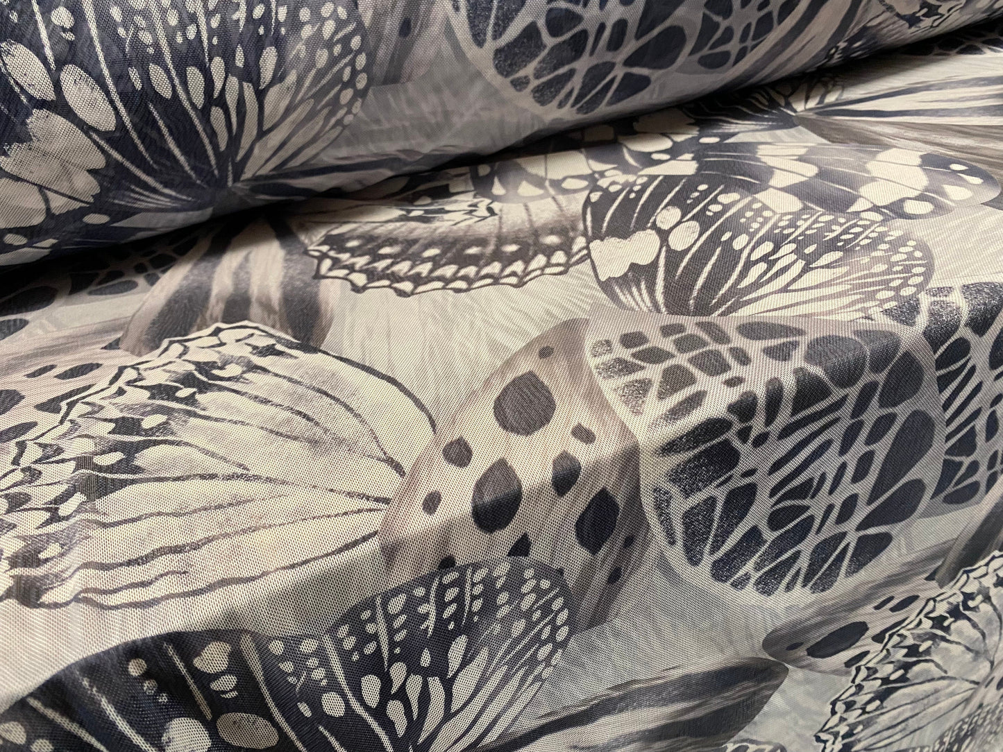 Power mesh net stretch spandex fabric, per metre - butterfly wings print - blue grey