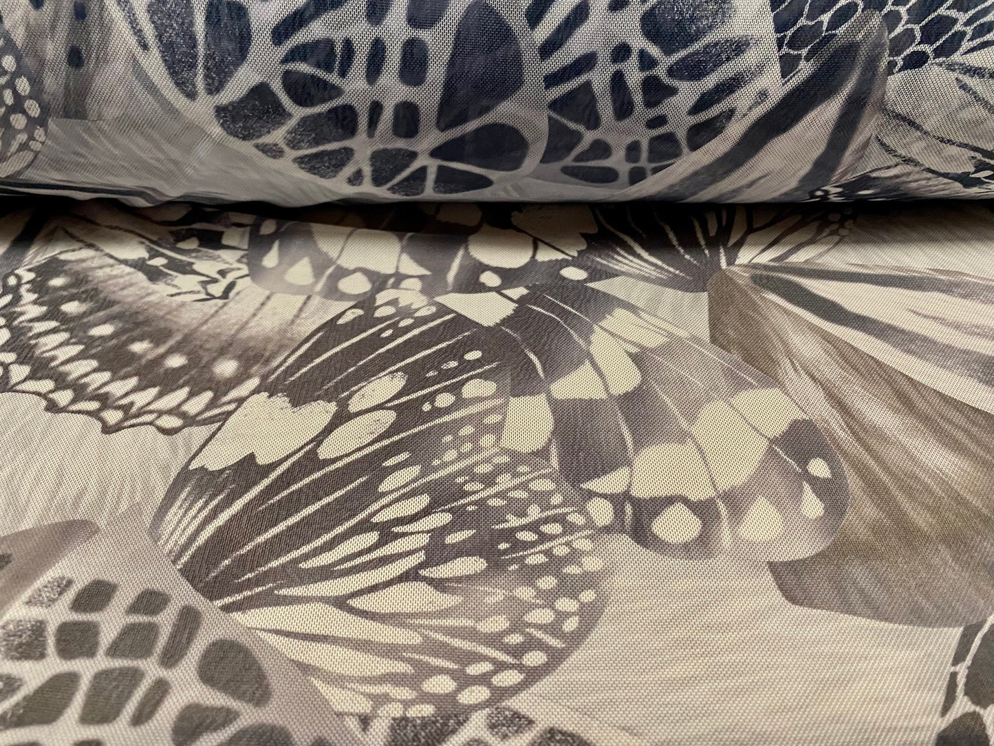 Power mesh net stretch spandex fabric, per metre - butterfly wings print - blue grey