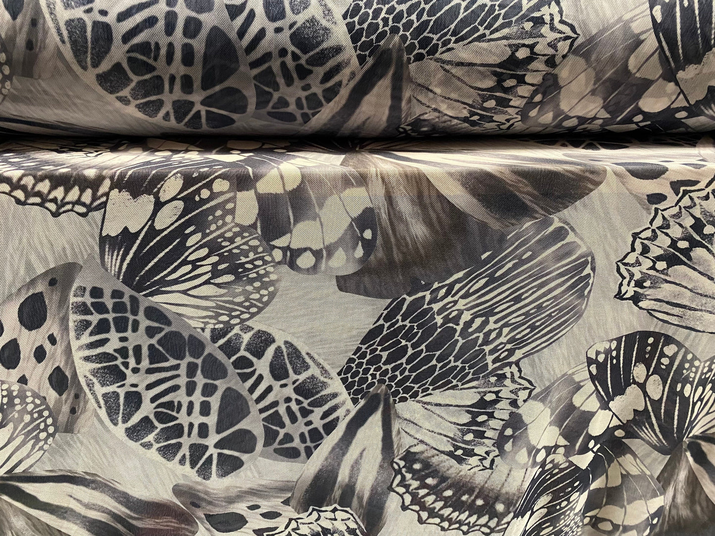 Power mesh net stretch spandex fabric, per metre - butterfly wings print - blue grey