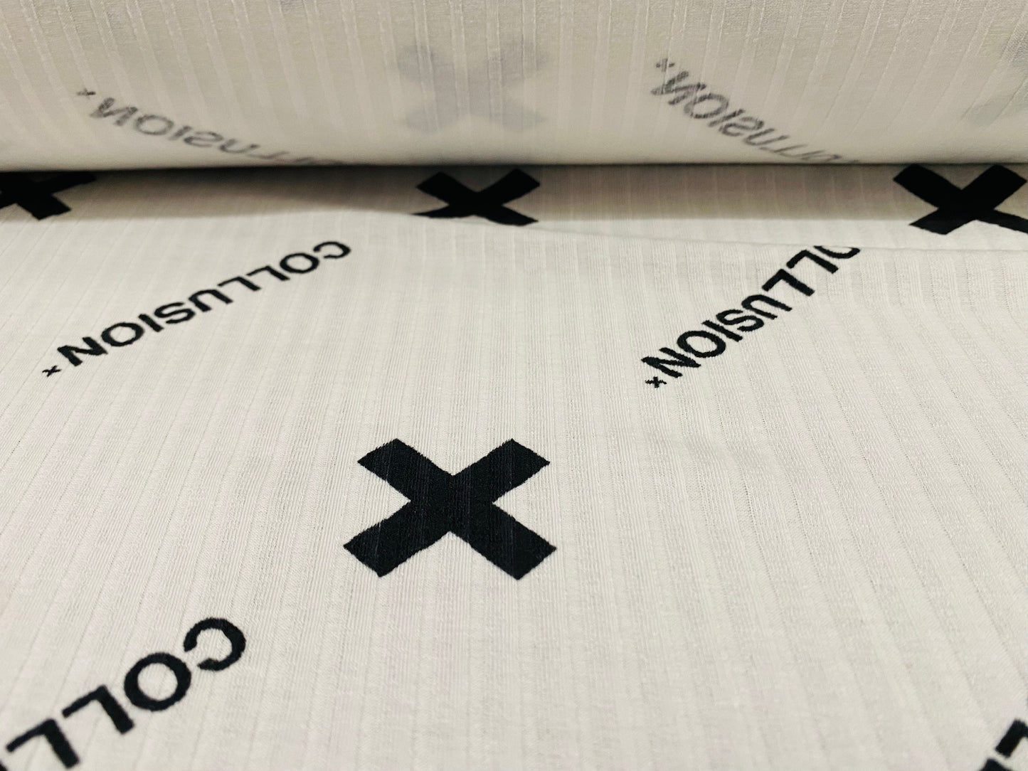 Spandex stretch rib jersey fabric, per metre - x symbol print - white & black