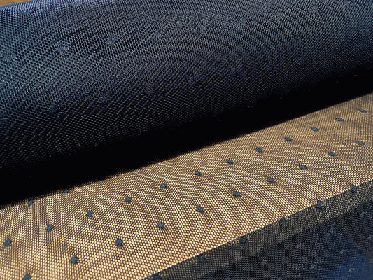 Power mesh net sheer stretch spandex fabric, per metre - Dobby spot design - black