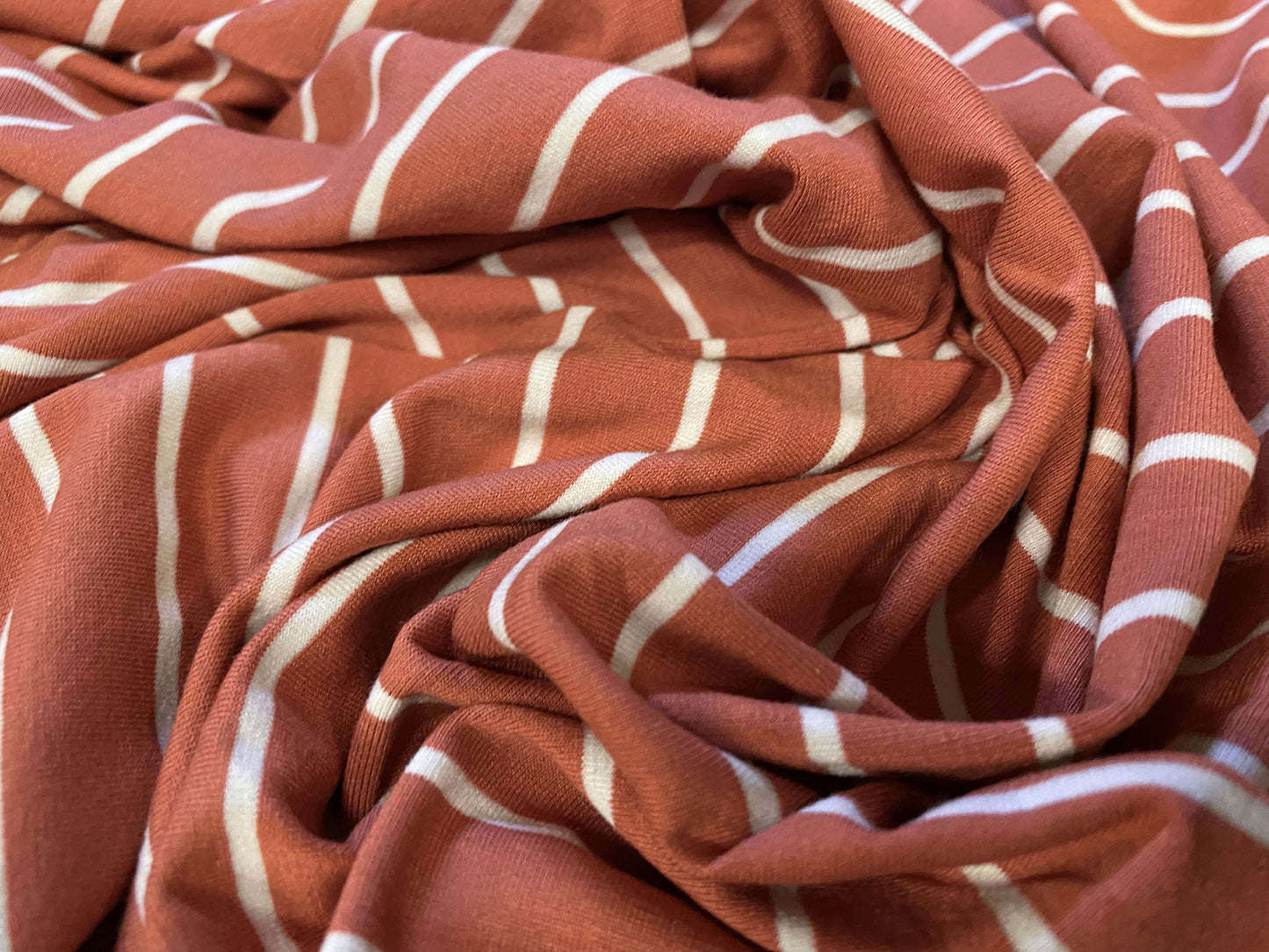 Viscose spandex stretch single jersey fabric, per metre - terracotta stripe