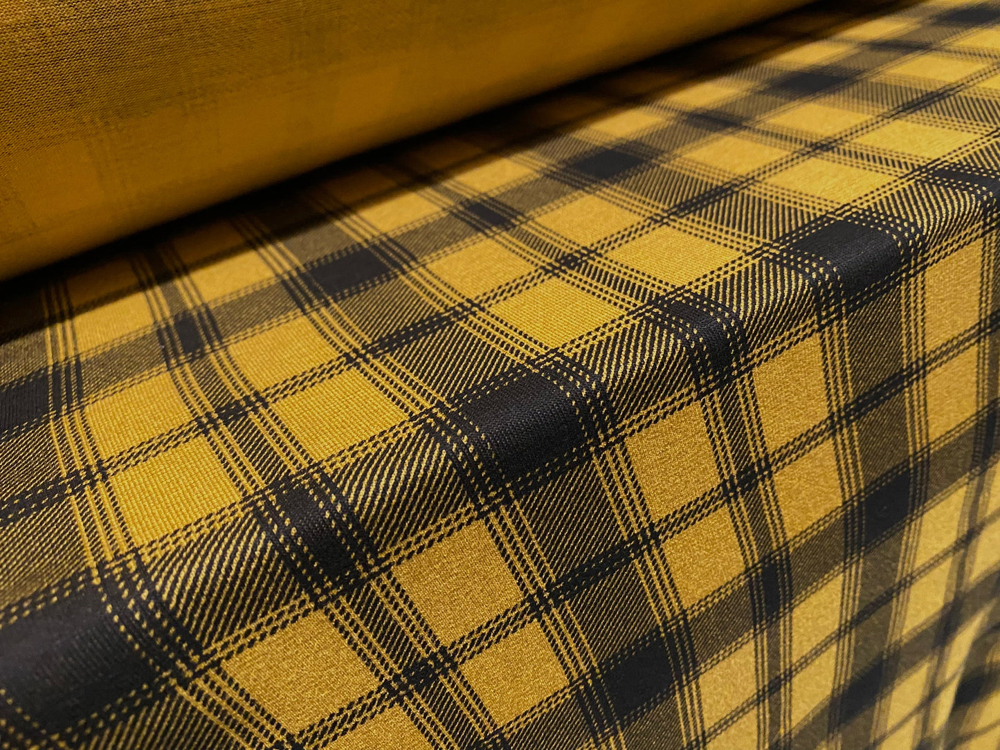 Viscose spandex stretch single jersey fabric, per metre - tartan check plaid - mustard & black