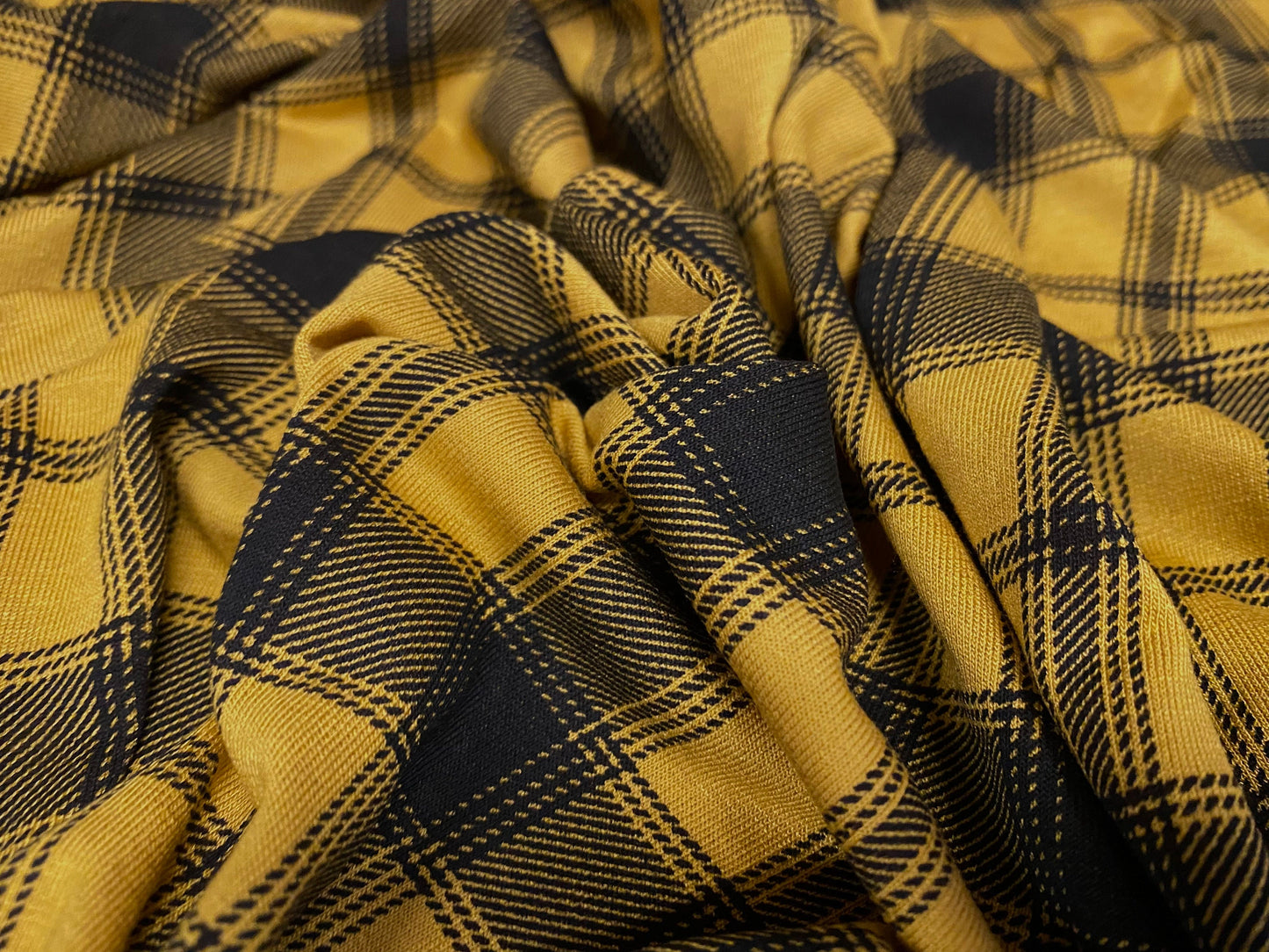 Viscose spandex stretch single jersey fabric, per metre - tartan check plaid - mustard & black