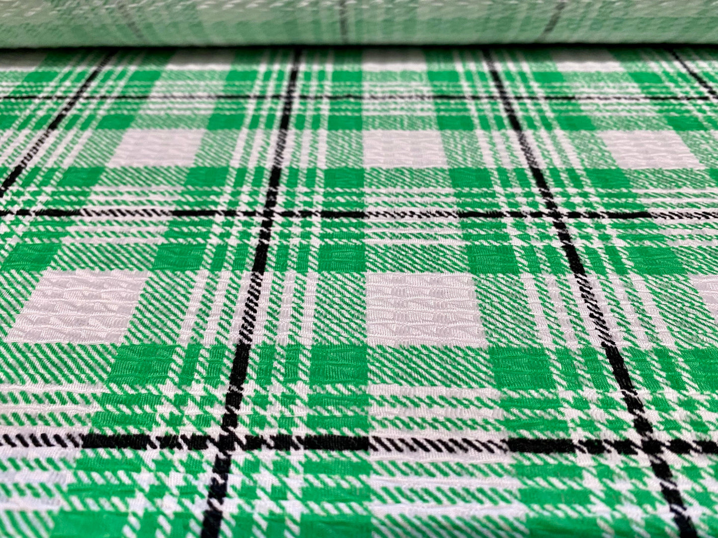 Stretch jacquard double jersey knit spandex dress fabric, per metre - tartan check print - green