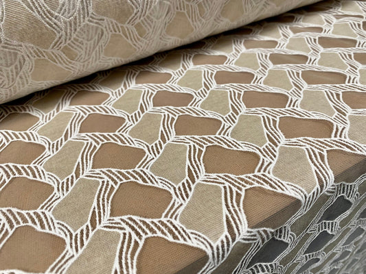 Embroidered organza burnout fabric, per metre - geometric pattern - white stone