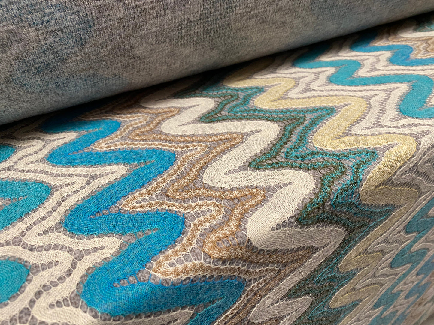 Wool blend heavyweight jacquard fabric, per metre - wave swirl design - turquoise