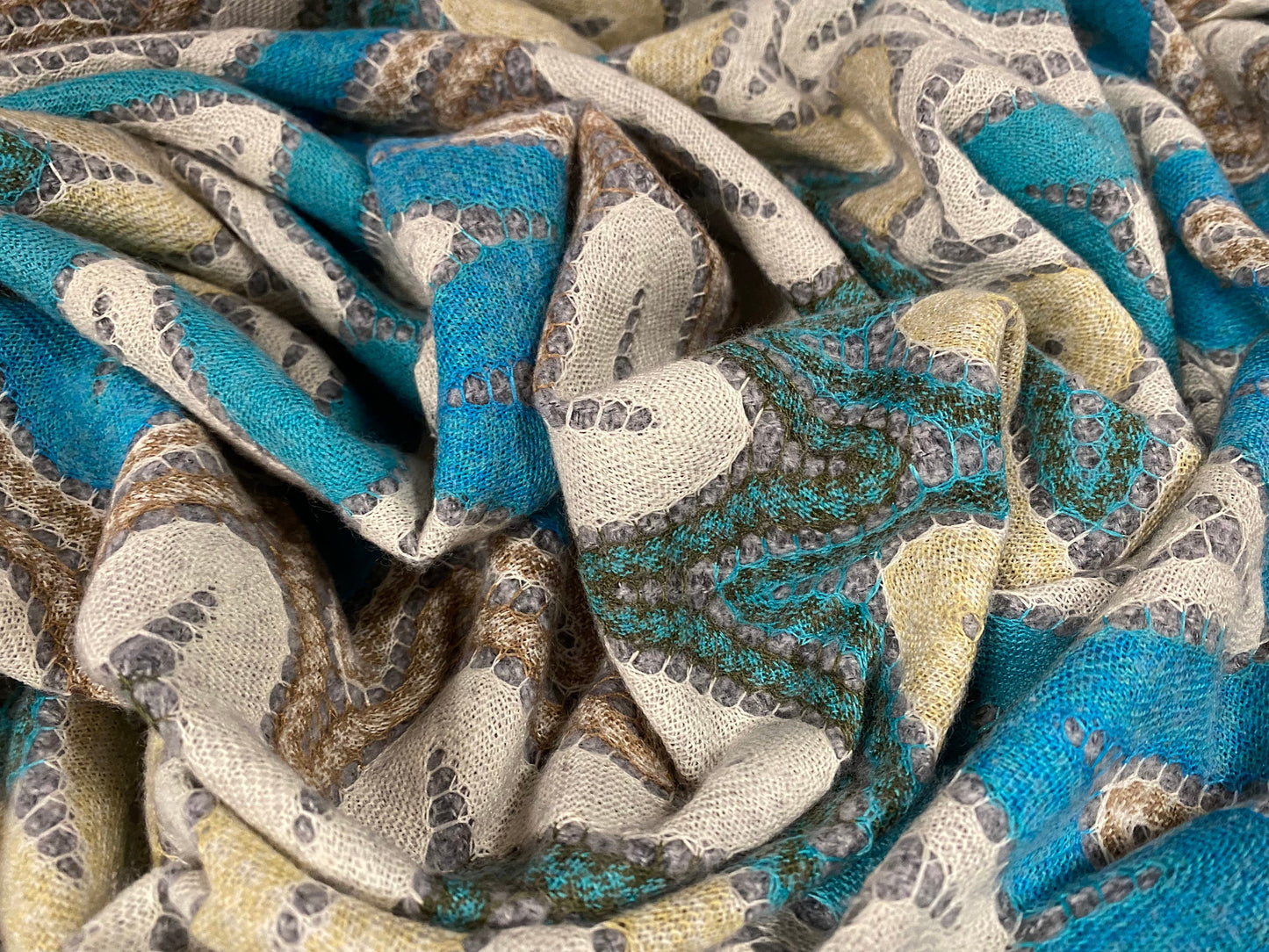 Wool blend heavyweight jacquard fabric, per metre - wave swirl design - turquoise