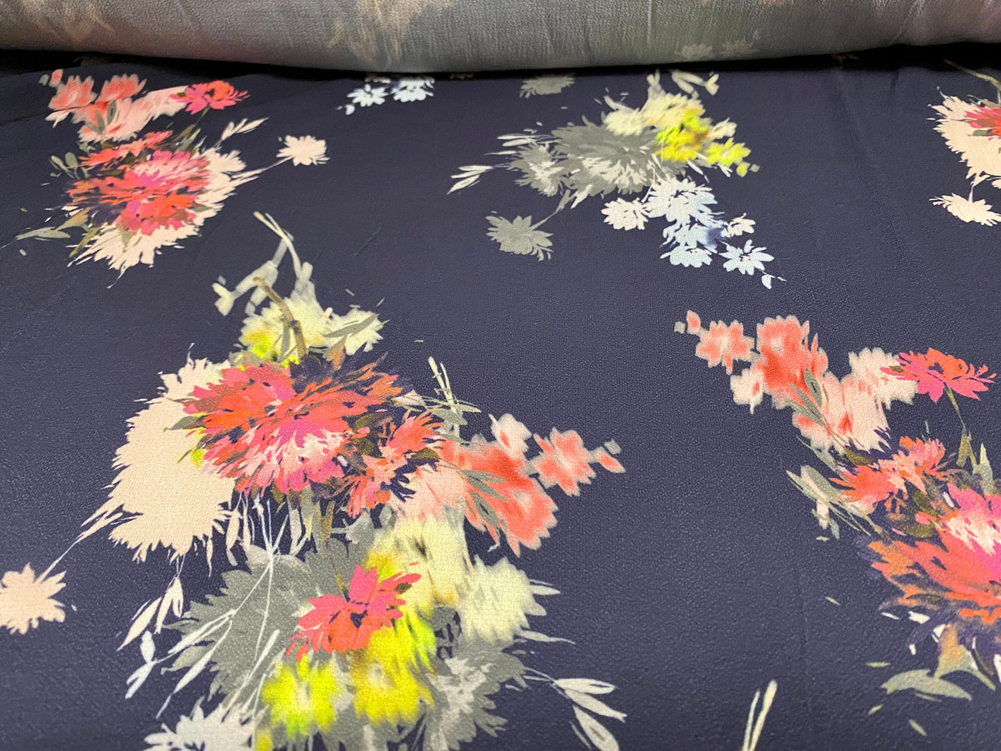 Stretch spandex crepe woven dress fabric, per metre - stylised flower print - navy blue