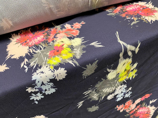 Stretch spandex crepe woven dress fabric, per metre - stylised flower print - navy blue
