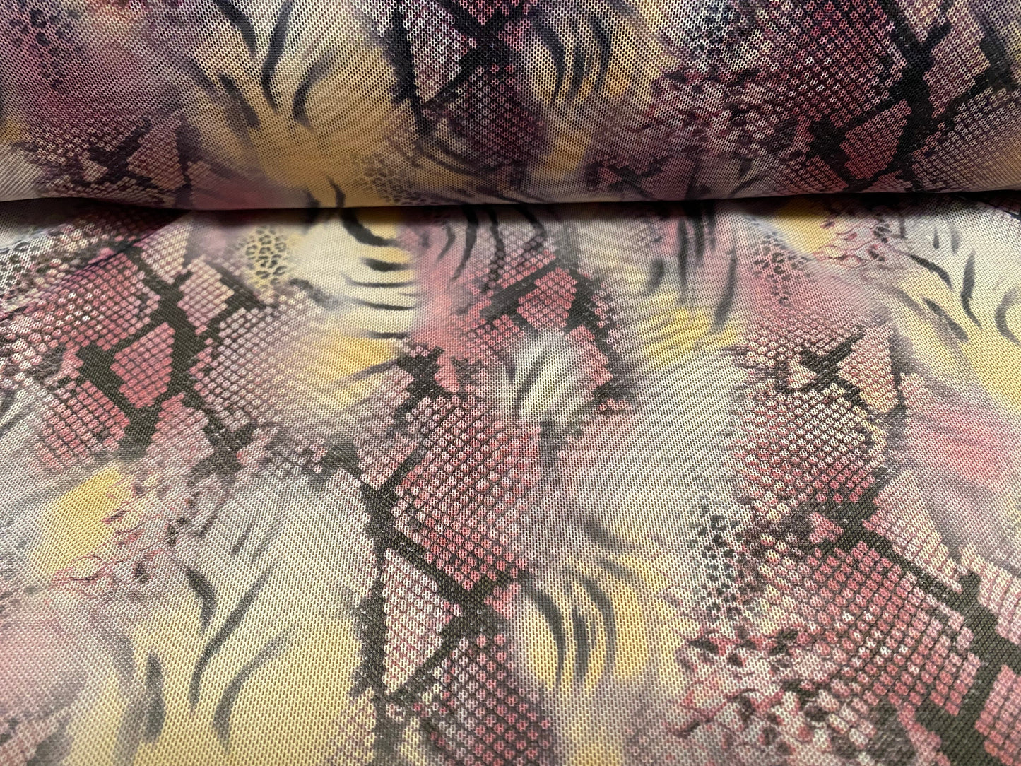 Power mesh net stretch fabric, per metre - tiger snakeskin fusion print