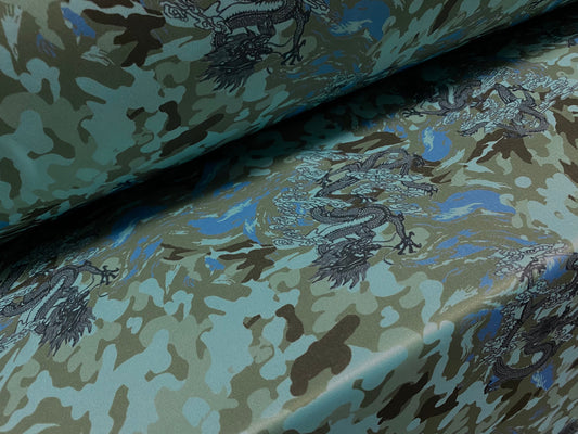 Single jersey polyester fabric - 60 inches wide - Camouflage dragon print - turquoise & green