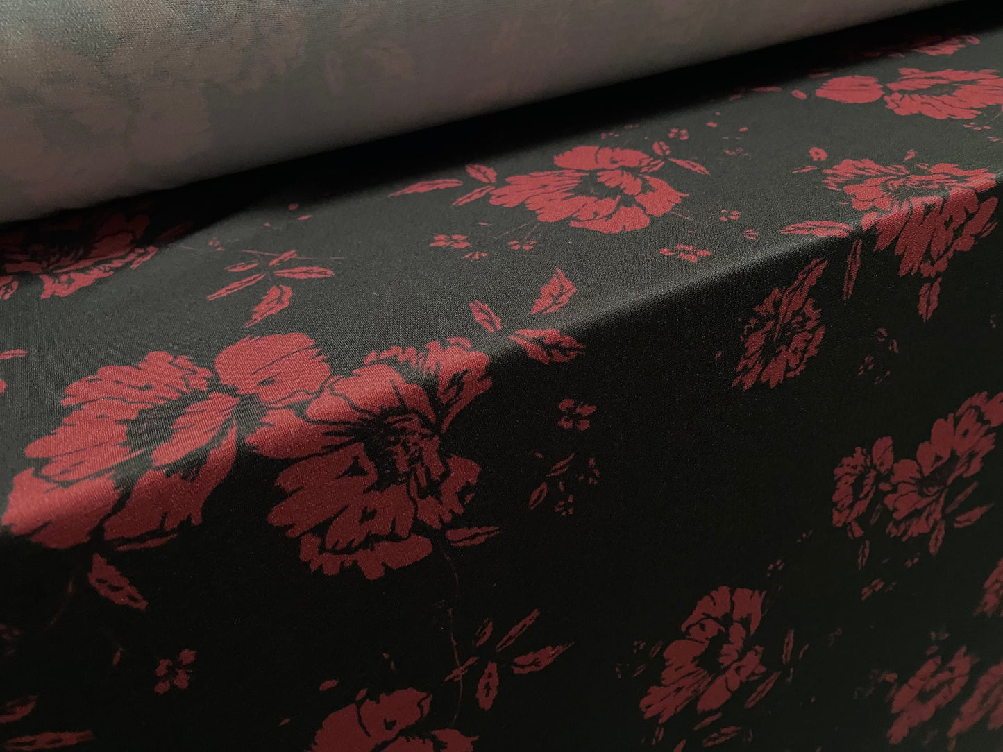 Printed ITY spandex stretch Jersey fabric, per metre - black with wine flowers print