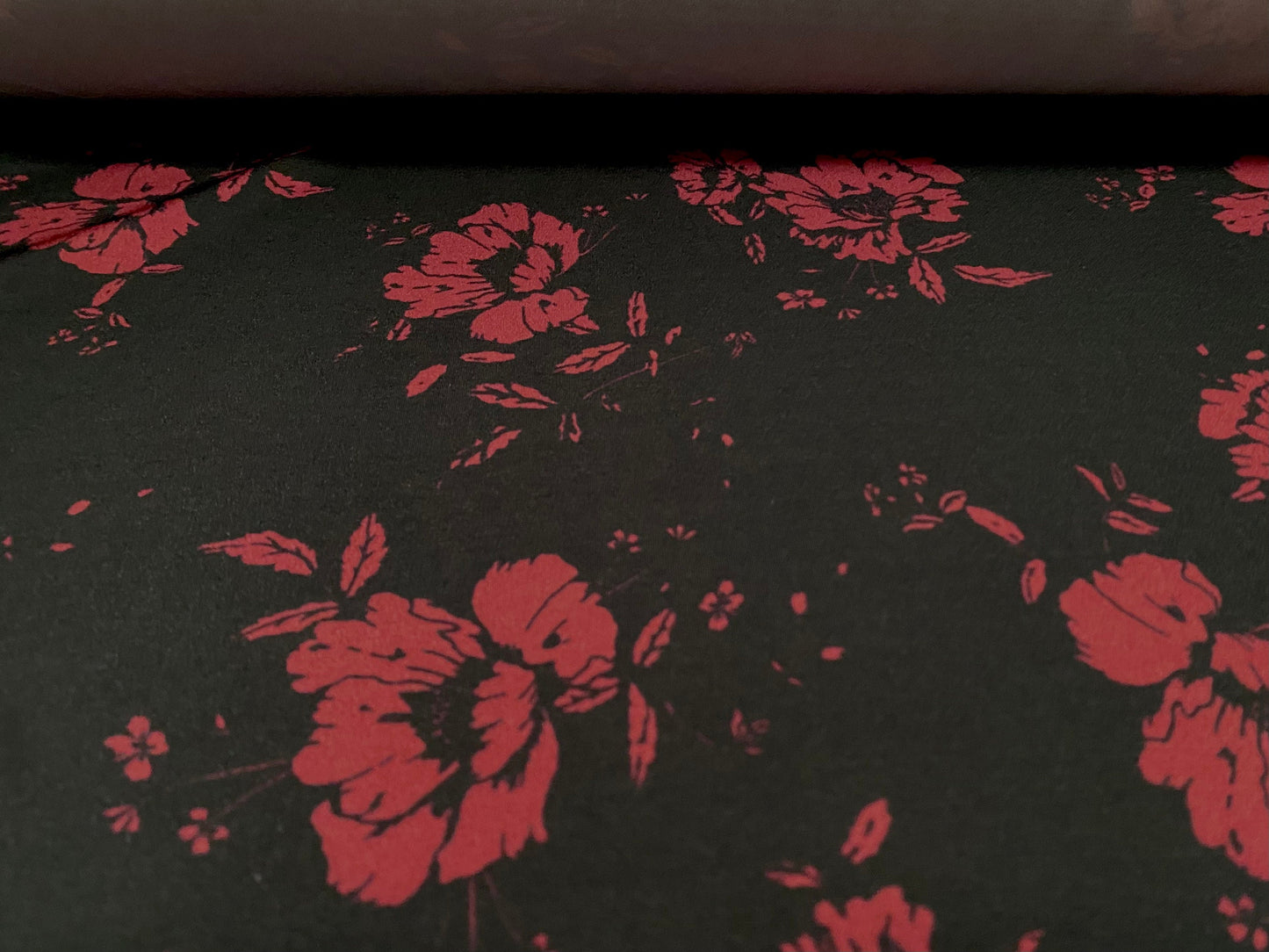 Printed ITY spandex stretch Jersey fabric, per metre - black with wine flowers print