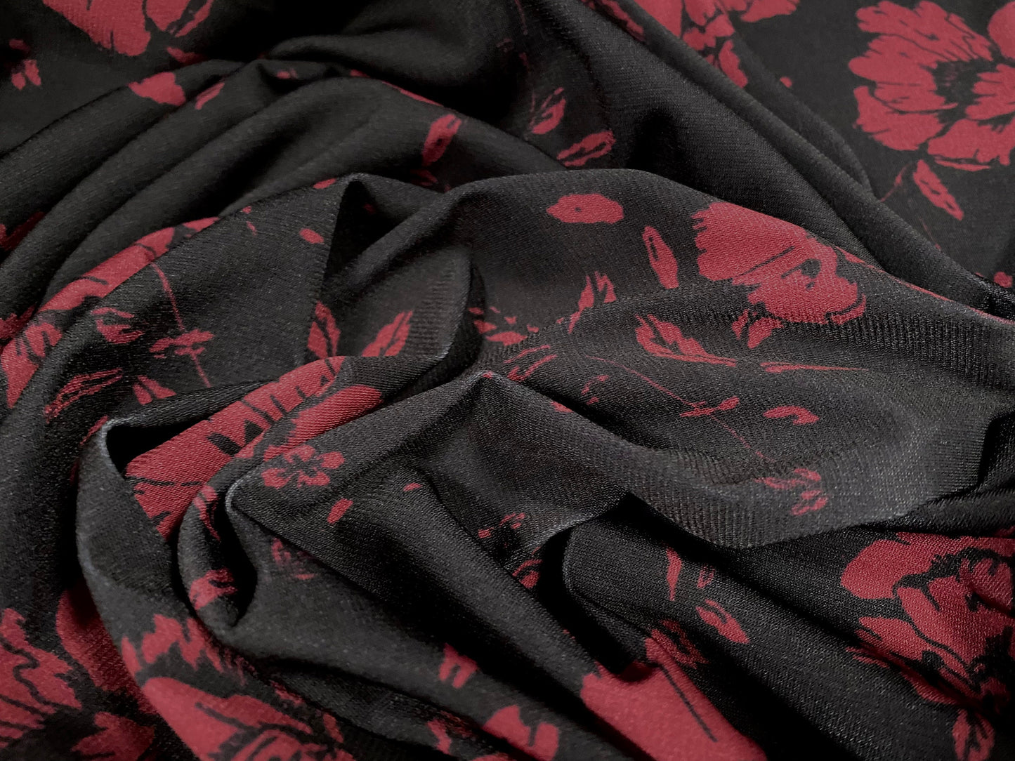 Printed ITY spandex stretch Jersey fabric, per metre - black with wine flowers print