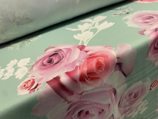 Chloe crepe georgette woven dress fabric, per Metre - mint Green with pink Roses digital print