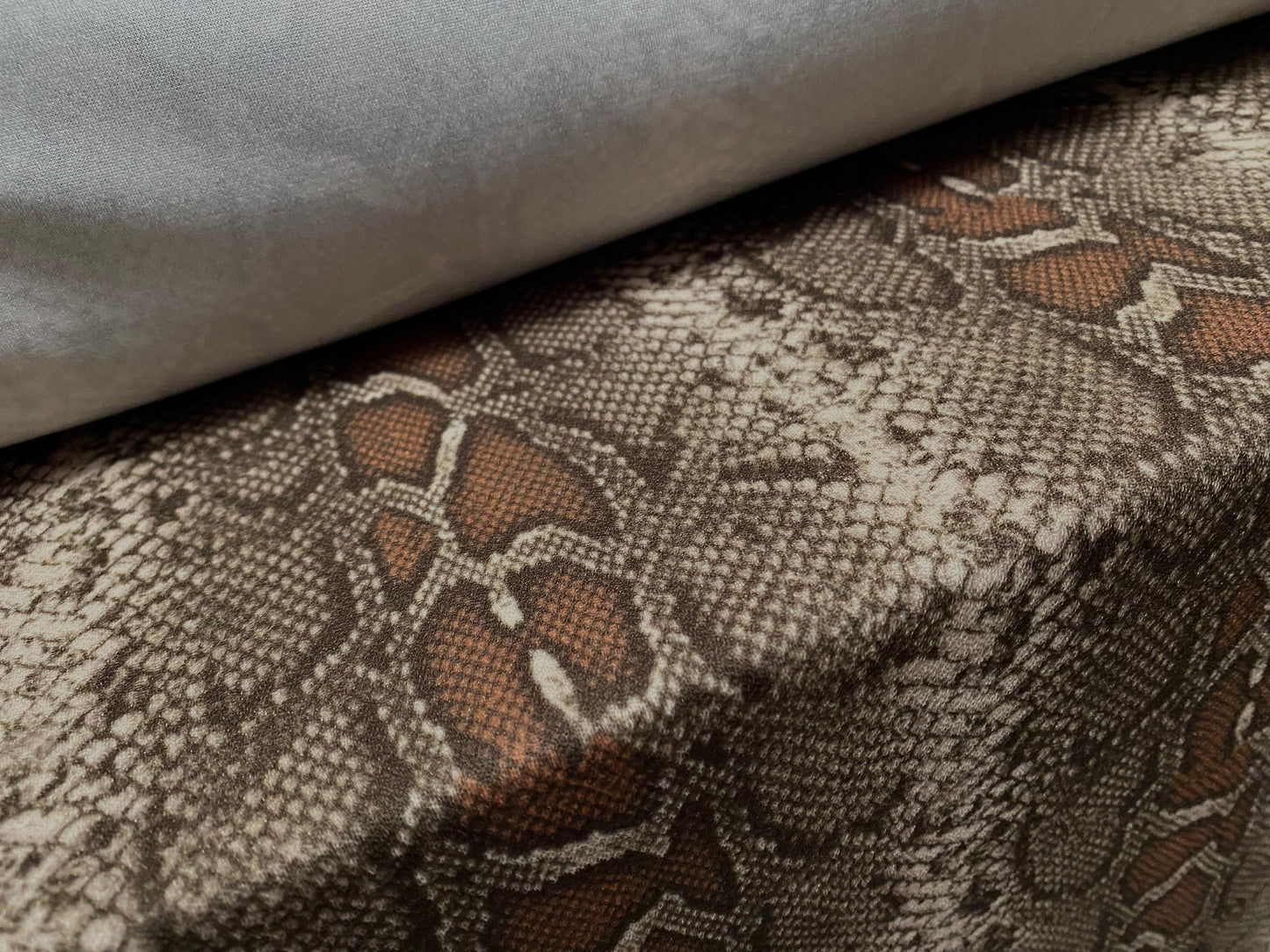 Scuba crepe fabric stretch spandex jersey, per metre -  snakeskin print - Olive Green & bronze