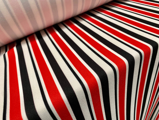 Scuba crepe fabric stretch spandex jersey, per metre -  blazer stripe print - red white & black