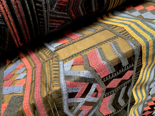 Couture fabric - multicoloured cotton blend geometric Aztec embroidery, per metre - blue coral