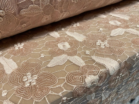 Couture fabric - corded sequinned embroidered mesh, per metre - nude