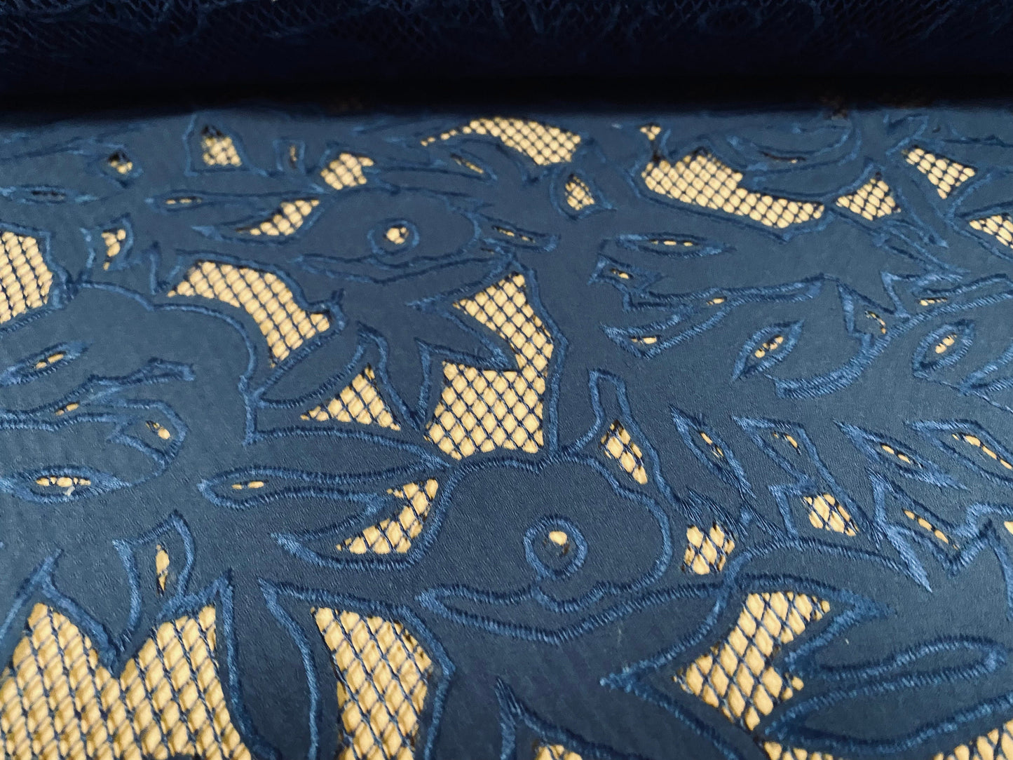 Couture fabric - fishnet mesh with floral embroidered appliqué , per metre - navy blue