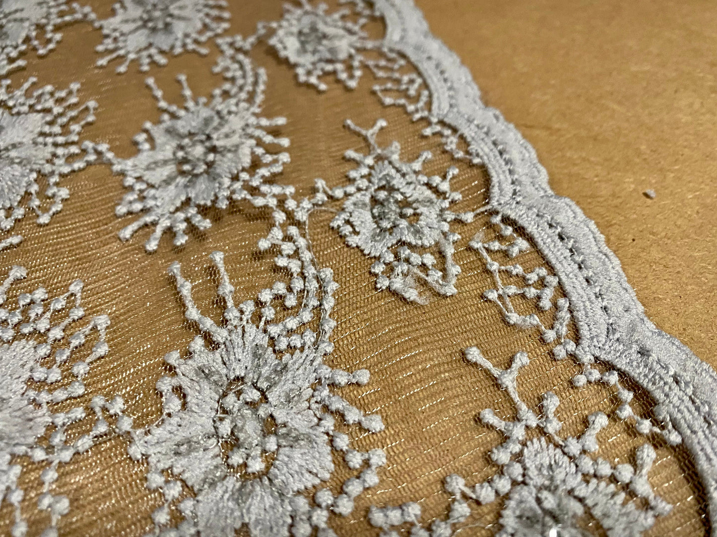 Couture fabric - sheer dress fabric with beaded flowers and sequins, per metre - grey, scalloped woven selvedge