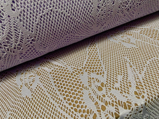 Fishnet 4 way stretch jersey fabric with floral design, per metre - pale lavender