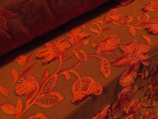 Chiffon couture dress fabric with embroidery and flower appliqué, per metre - blood orange