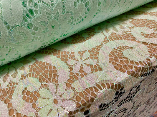 Pearlescent shimmer 2 tone lace dress fabric, per metre - floral swirl design - mint