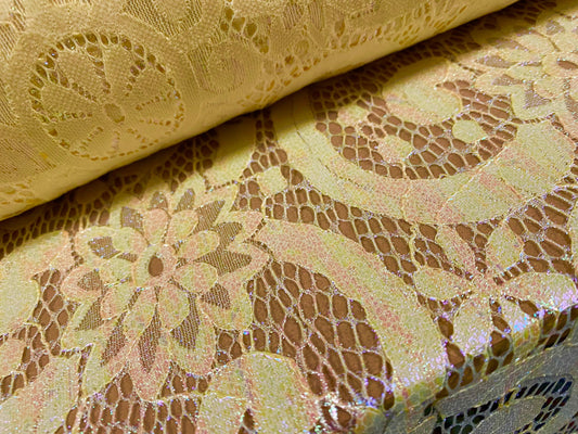 Pearlescent shimmer 2 tone lace dress fabric, per metre - floral swirl design - yellow