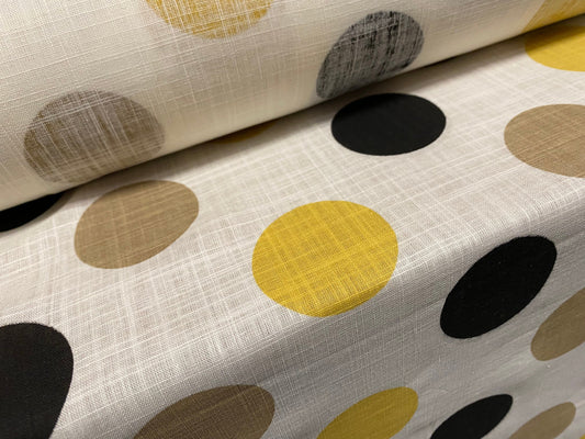 Linen woven dress fabric, per metre - circles print - Ivory mustard tan