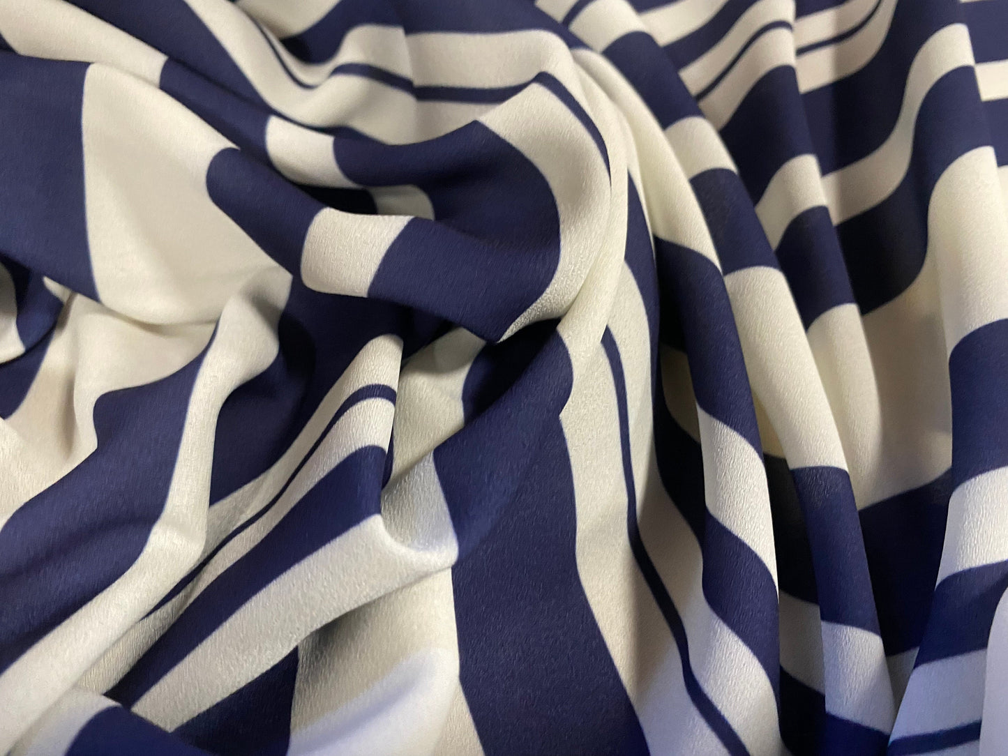 Georgette woven dress fabric, per metre - navy blue & cream printed stripe