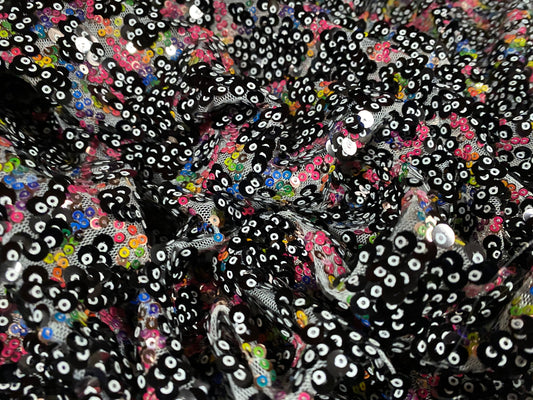 Heavyweight couture sequinned dress fabric, per metre - abstract design - Black multicolour