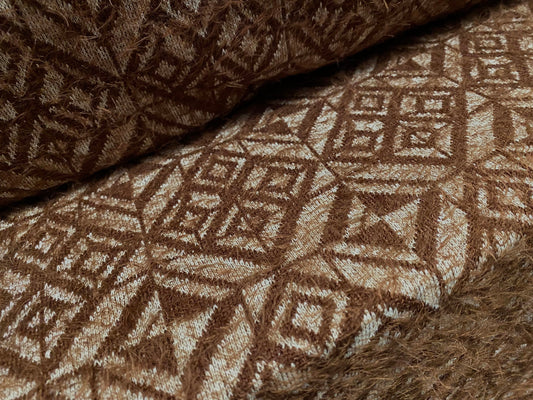 Soft hairy mohair style knitwear jersey fabric, per metre - geometric jacquard - brown