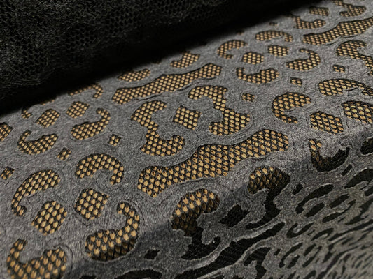 Couture Fishnet fabric with damask swirl appliqué, per metre  - charcoal on black