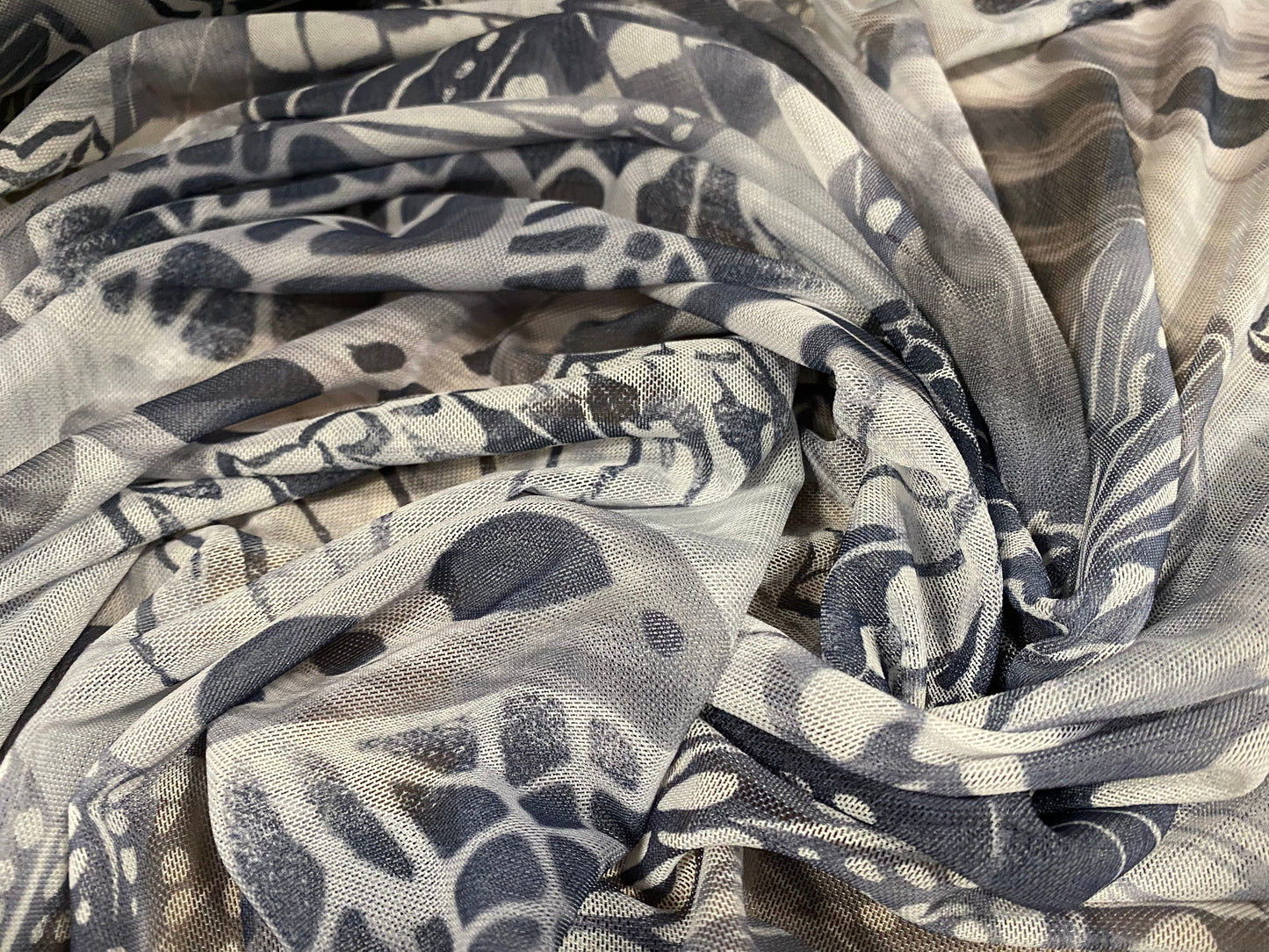 Power mesh net stretch spandex fabric, per metre - butterfly wings print - blue grey