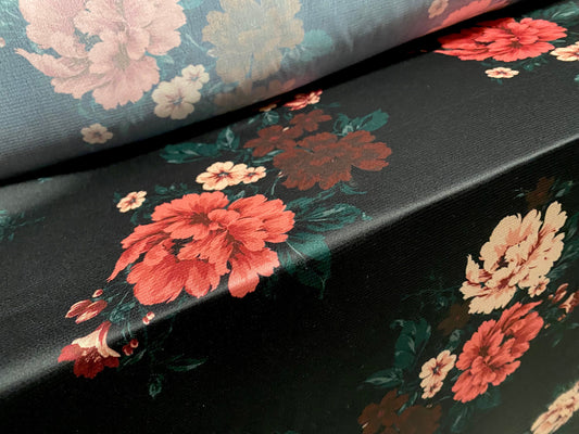 Stretch sateen woven dress fabric, per metre - flower print - black & pink