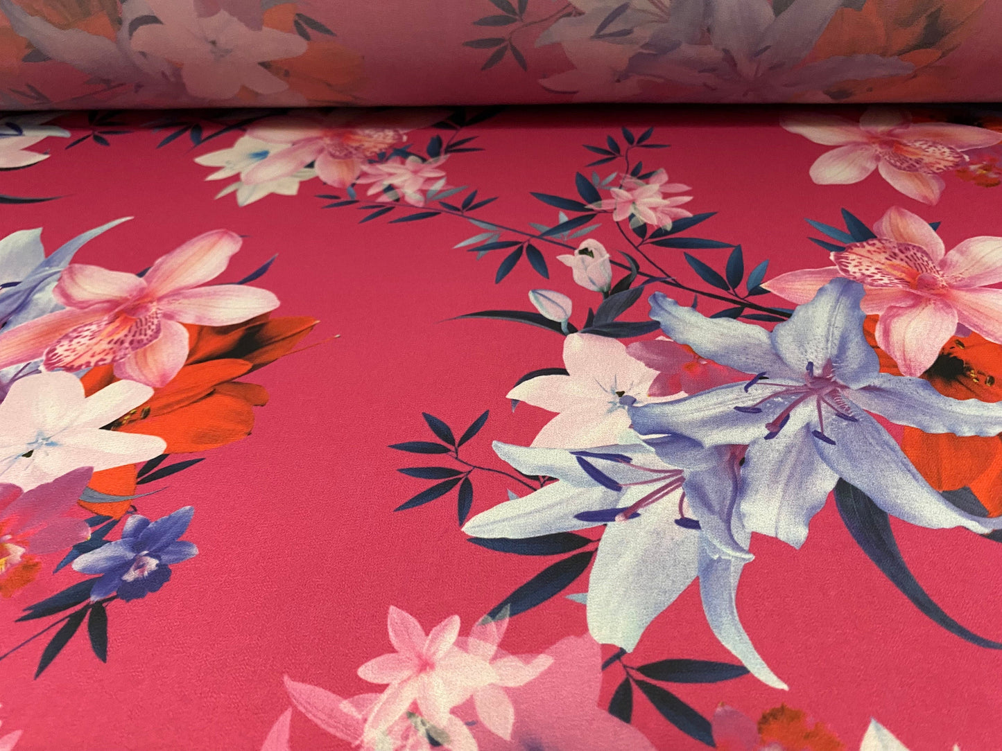 Printed chiffon dress blouse fabric, per metre - Lily flower print - cerise & powder blue