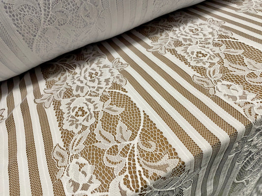 Mesh lace net fabric, per metre - embroidered floral stripe - white