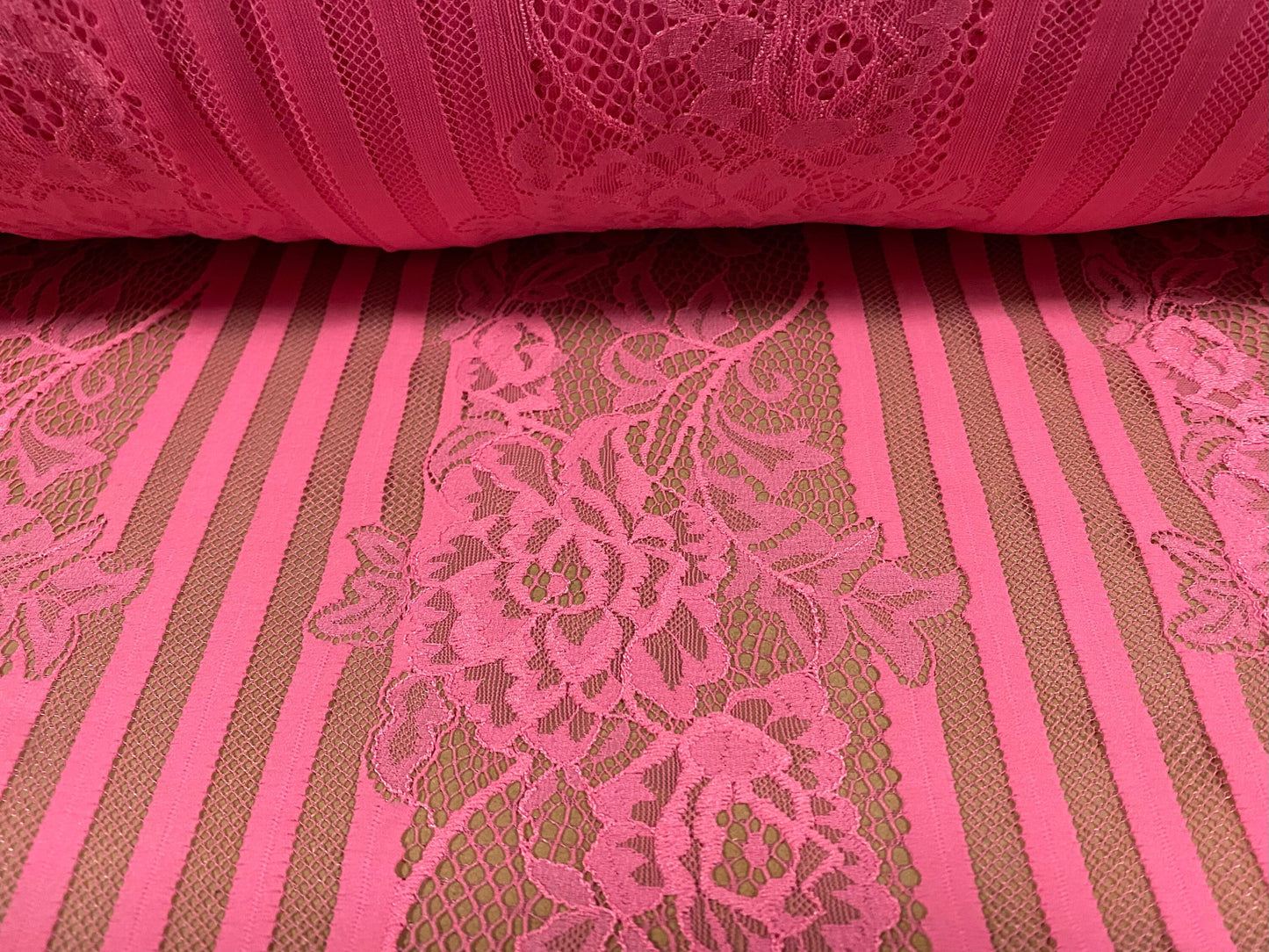 Mesh lace net fabric, per metre - embroidered floral stripe - pink