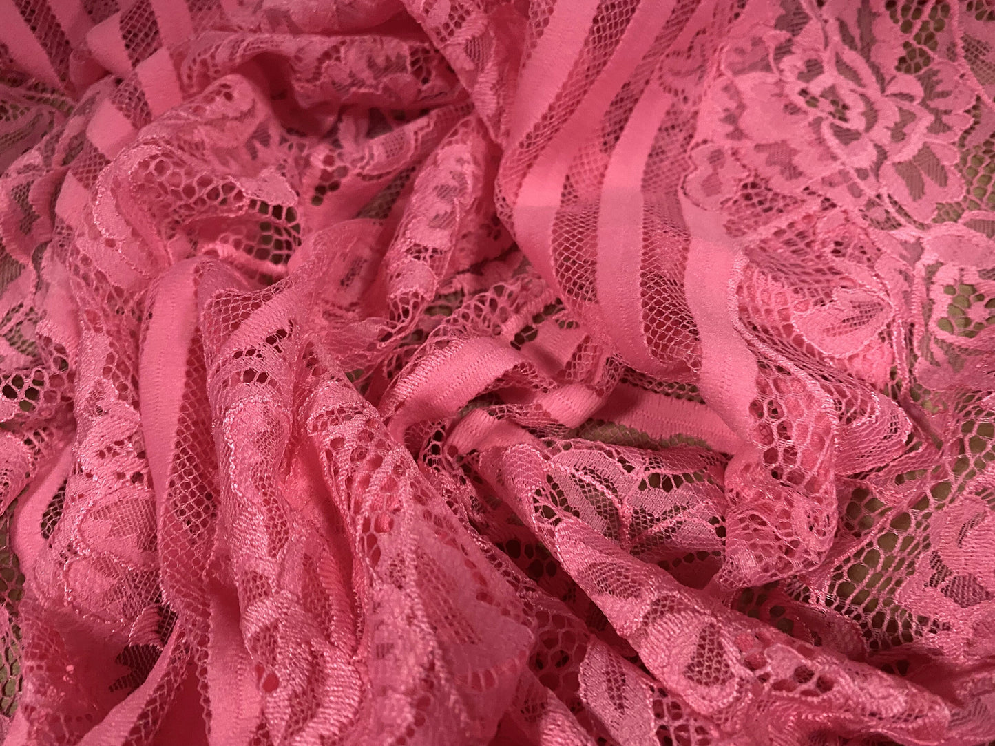 Mesh lace net fabric, per metre - embroidered floral stripe - pink