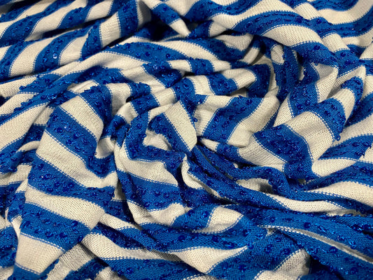 Sequin sparkle stripe jersey knit fabric, per metre - blue & white